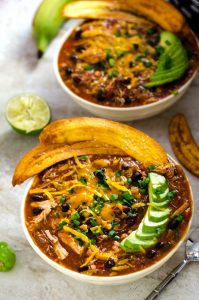 Slow Cooker Jamaican Jerk Chicken Chili with Plantain Chips