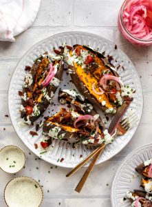 Grilled Whole Sweet Potatoes with Bacon, Tomatoes and Ranch