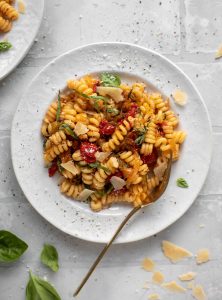 Caramelized Onion Tomato Pasta with Parmesan and Basil