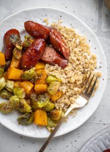 Maple Sheet Pan Sausage with Butternut Squash and Brussels Sprouts