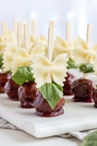 Bowtie Pasta and Cocktail Meatball Skewers