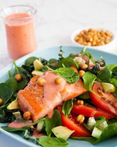 Seared Salmon Salad with Baked Crispy Chickpeas & Fresh Strawberry Vinaigrette Recipe • Steamy Kitchen Recipes Giveaways