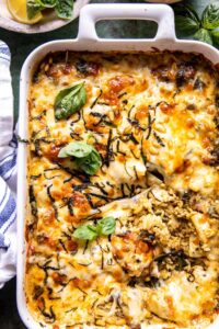 One Pan Spinach and Artichoke Orzo Bake.